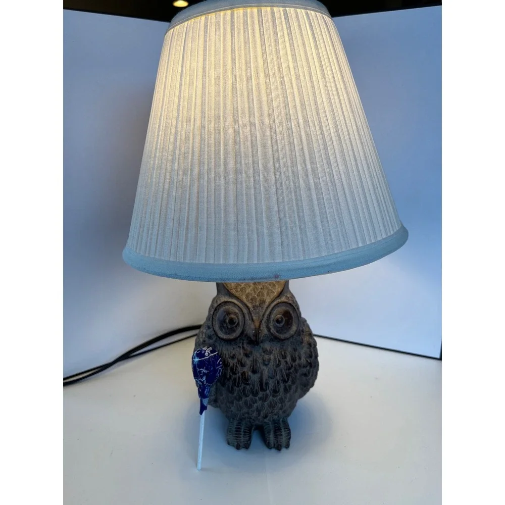 Vintage Owl Lamp 1970s Retro Woodland Decor Textured Glaze Pleated Shade